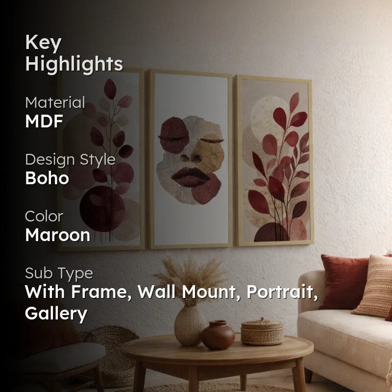 Styled room with three framed abstract wall art panels and a dark text overlay