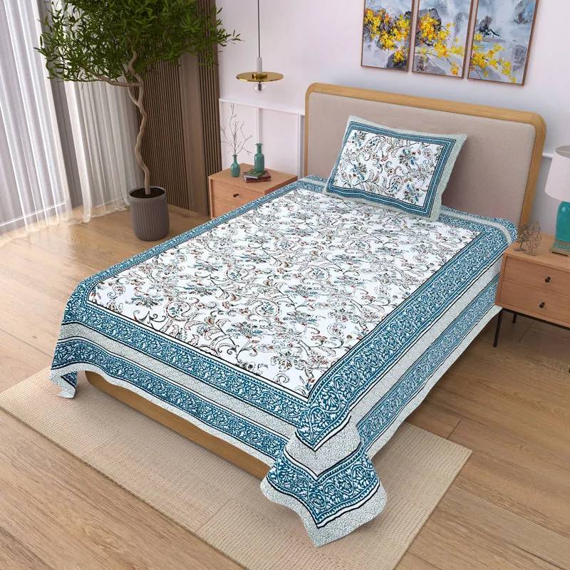 Floral Flush Cotton Bedsheet (Azure) - 200 TC media 1