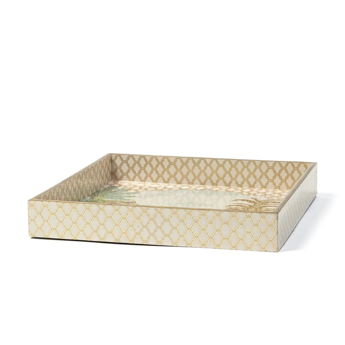 Side view of the square serving tray showing its patterned gold finish