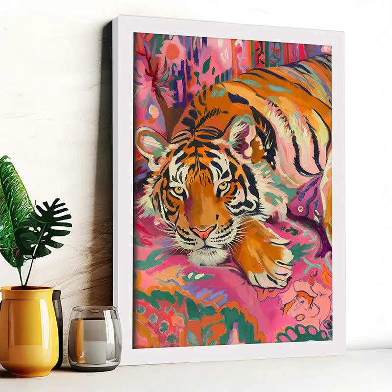 Chromatic Tiger Canvas Wall Art With Frame - White media 1