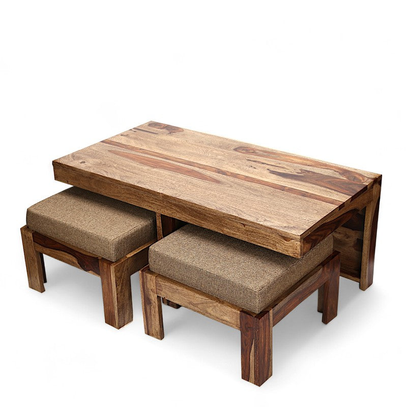 Drexon Sheesham Wooden Center Table with Stools (Brown,Beige) - Five Piece Set media 3