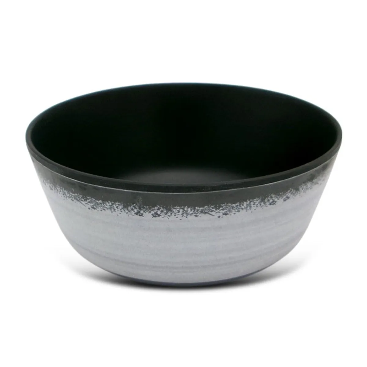 Single black and grey bowl showing its dark interior and rounded shape
