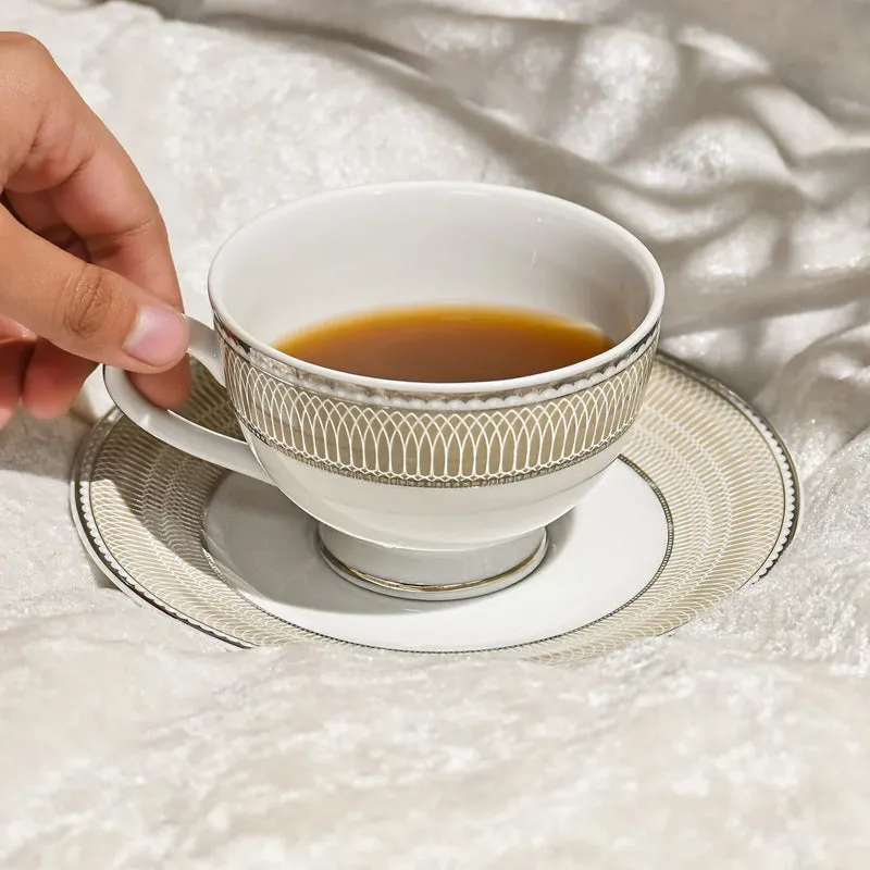 Shine Platin 24k Gold Brushed Porcelain Tea Cup & Saucer (280 mL) - Set of Six media 3