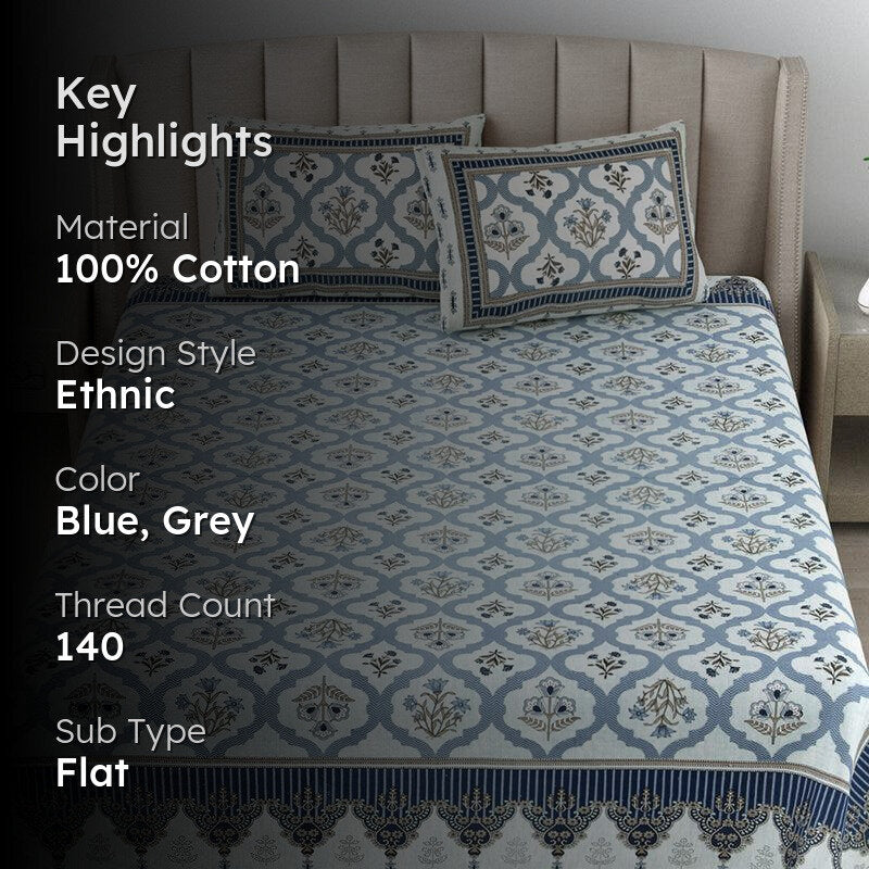 Meadow Memories Floral Cotton  Bedsheet (Blue) - 140 TC media 2