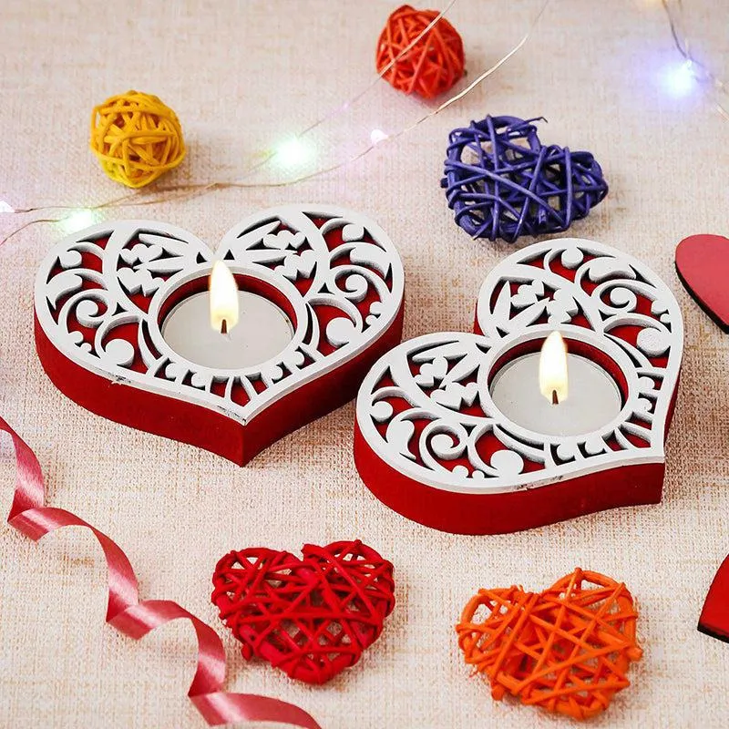 Intricate Heart Wood Tea Light Holder (Red) - Set Of Two media 1