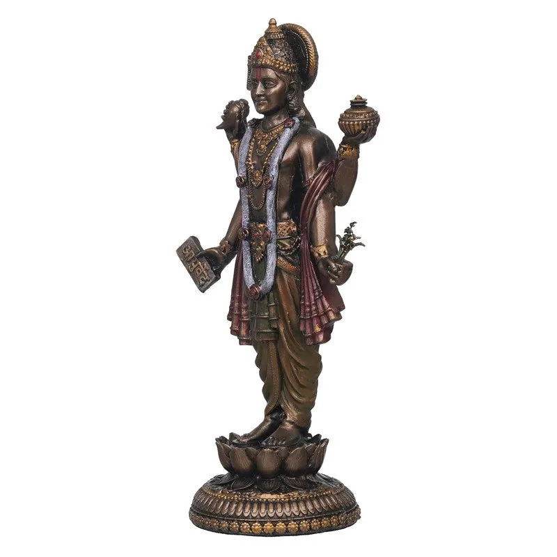 Side view of a bronze-toned Dhanvantari idol with detailed drapery