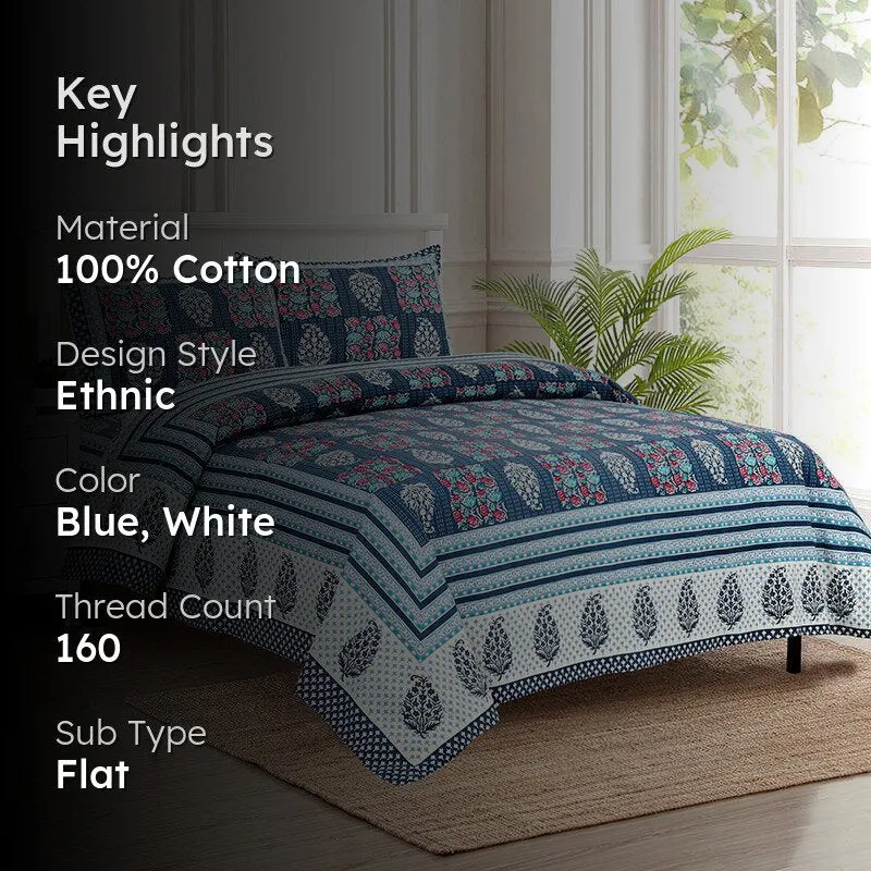 Gulzar Heritage Floral Cotton Bedsheet (Blue & White) - 160 TC media 2
