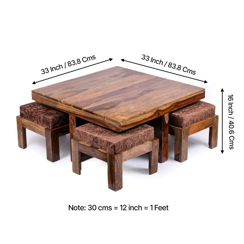 Evrino Sheesham Wooden Center Table with Stools and Cushions (Brown,Beige) - Nine Piece Set media 12