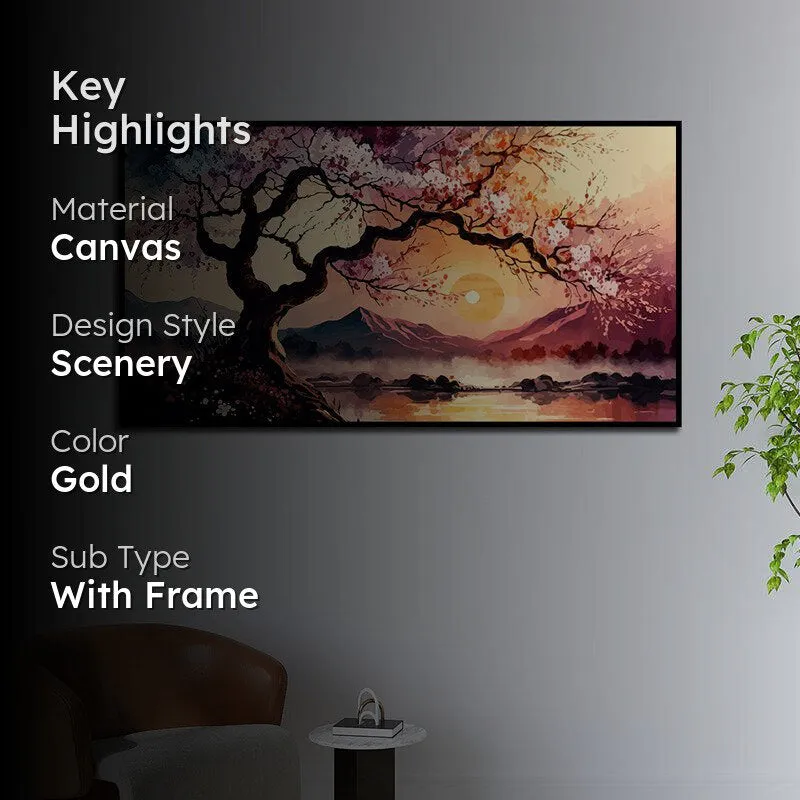 Cherry Blossom Sunset Landscape Canvas Wall Painting With Frame - Black media 2