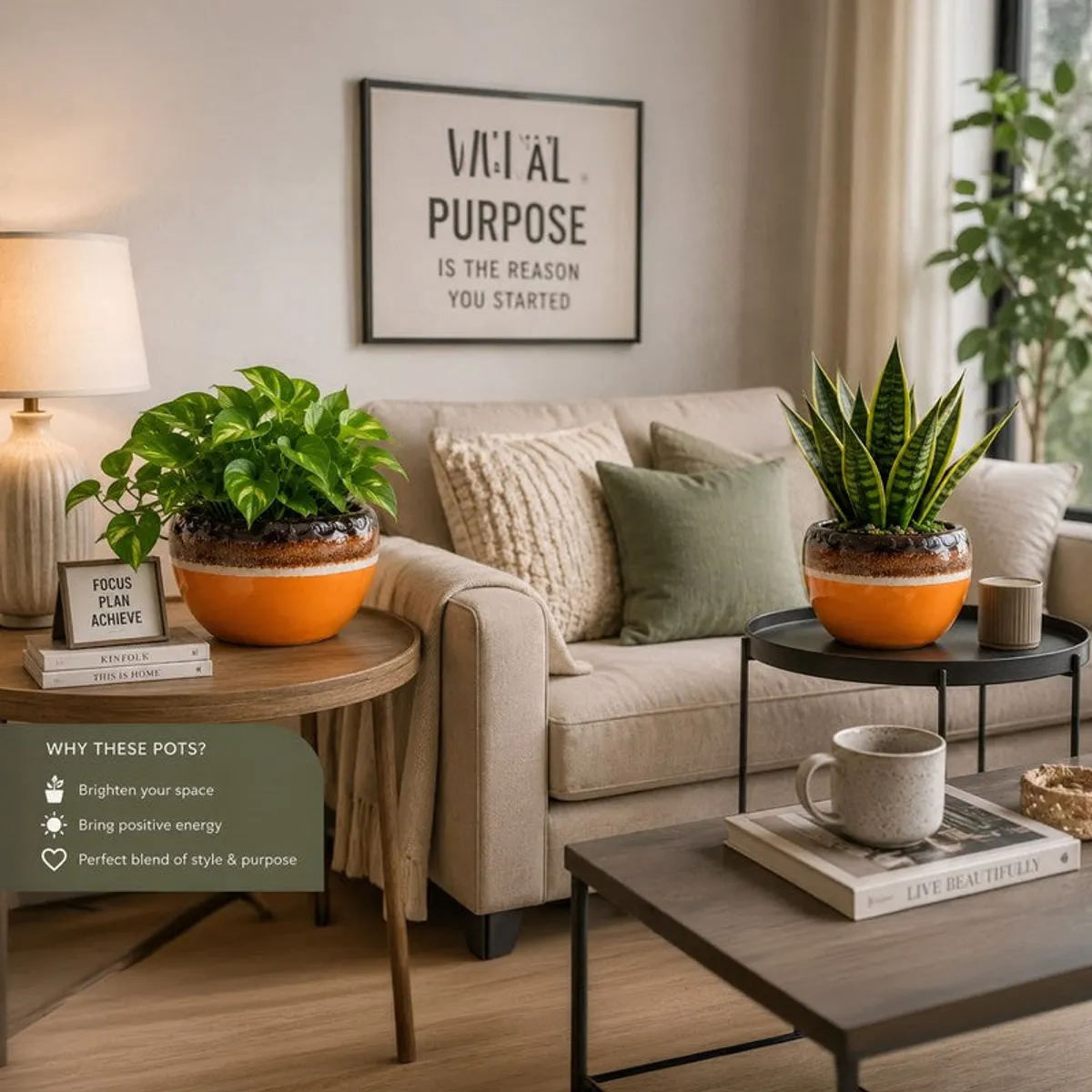 Two colourful ceramic planters styled with plants in a contemporary living room.
