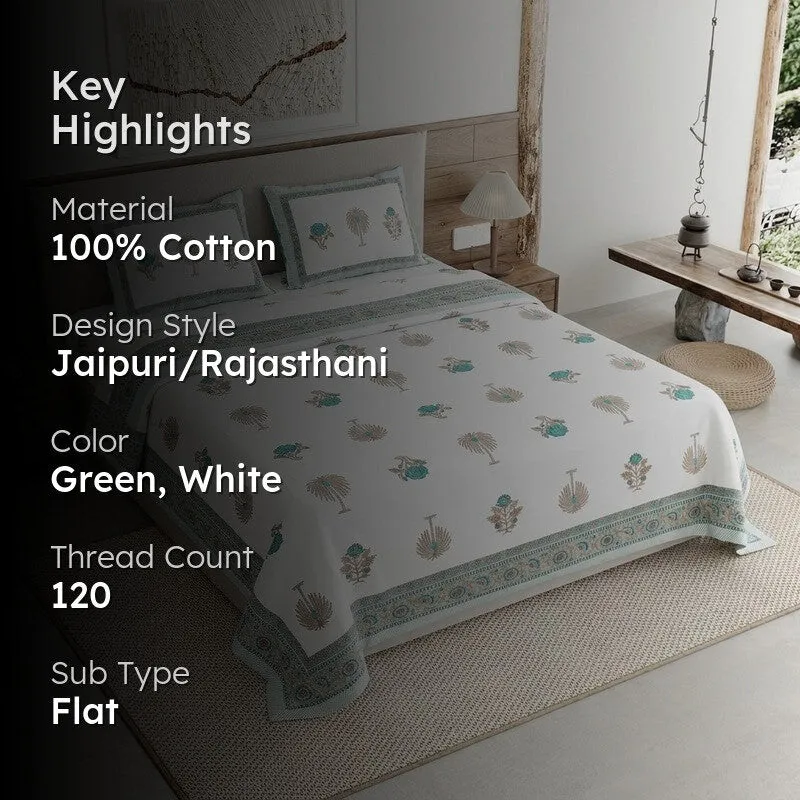 Ethnic Calm Cotton Bedsheet (Green,White) - 120 TC media 2