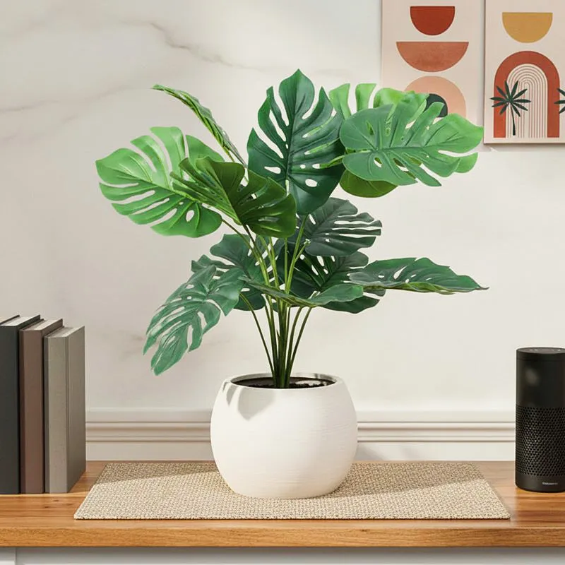 Artificial Realistic Monstera With Black Plastic Pot- Green media 1
