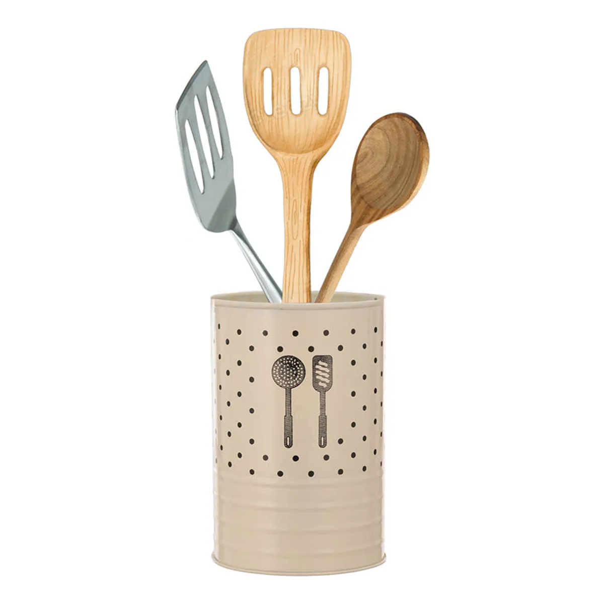 White cutlery stand holding wooden and metal spatulas against a plain background
