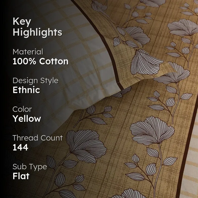 Manora Floral Cotton Bedsheet (Yellow) - 144 TC media 2
