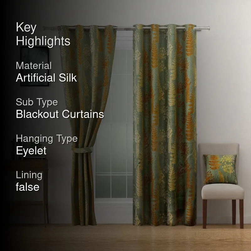 Green printed blackout curtains styled in a living room