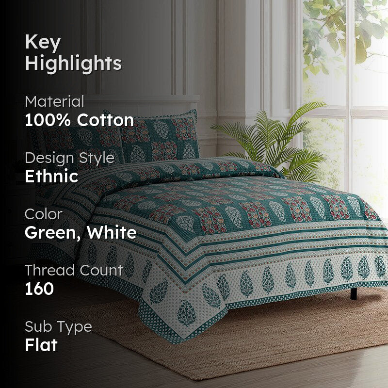 Gulzar Heritage Floral Cotton Bedsheet (Green & White) - 160 TC media 2