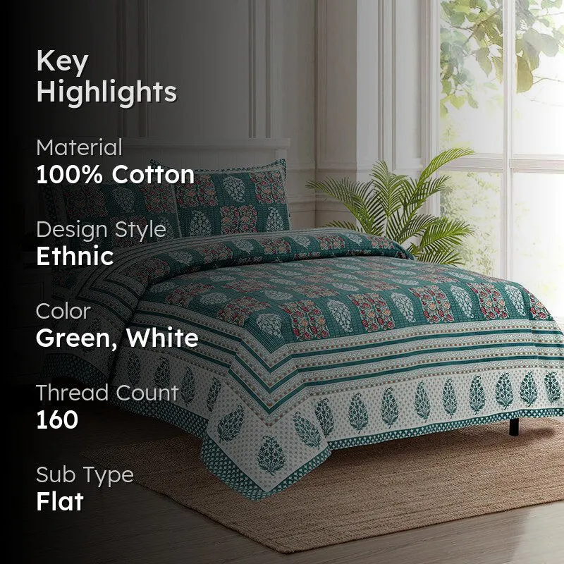 Gulzar Heritage Floral Cotton Bedsheet (Green & White) - 160 TC media 2