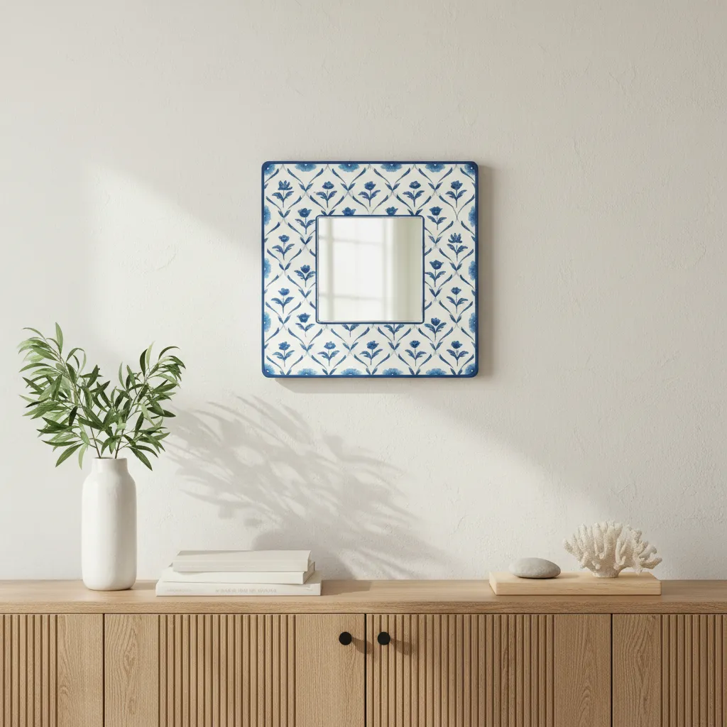 Rosa Lush  Designer Handpainted Mirror -  Blue media 1