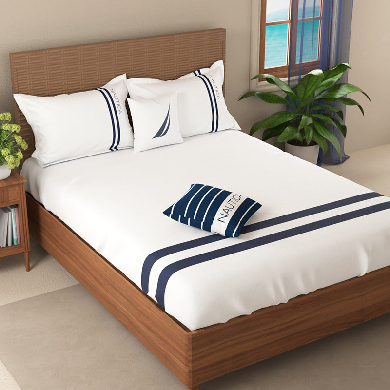 Nautica Dune Line Cotton Bedsheet (Blue & White) - 500 TC - Queen Fitted