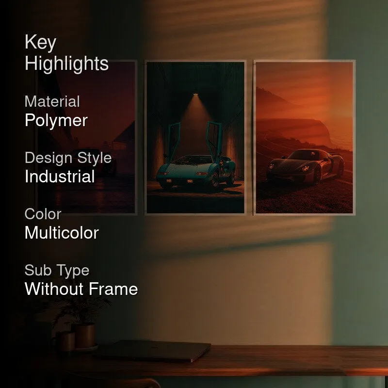 Three car posters shown together with industrial styling