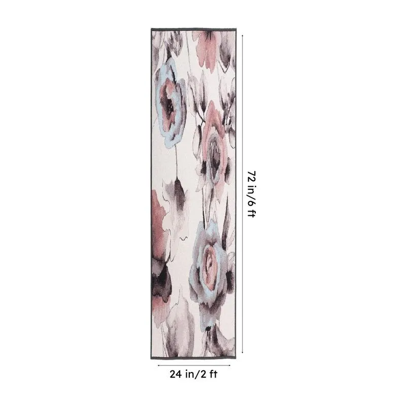 Floral runner rug with dimensions marked vertically and horizontally