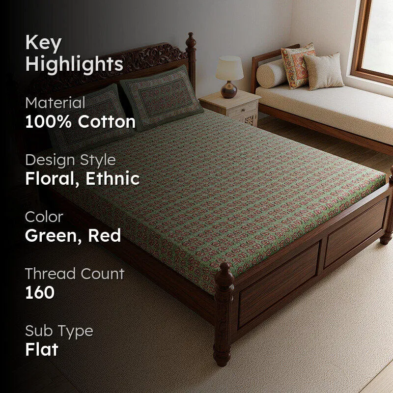 Timeless Motifs Cotton Bedsheet (Peach, Green) - 180 TC media 2