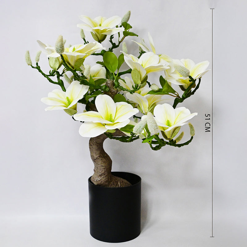 Magnira Artificial Mini Magnolia Tree With Black Plastic Pot (White & Green) - 50 cm media 7