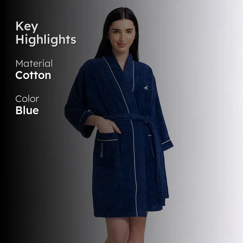 Navy blue bath robe with key highlights graphic
