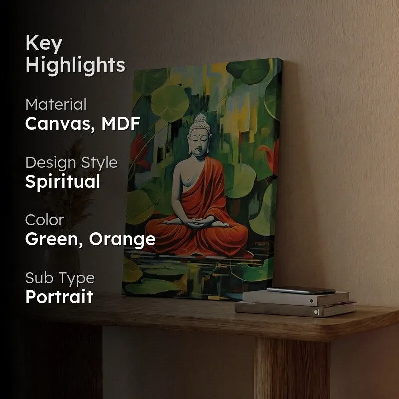 Buddha wall painting displayed in a dark styled interior setting