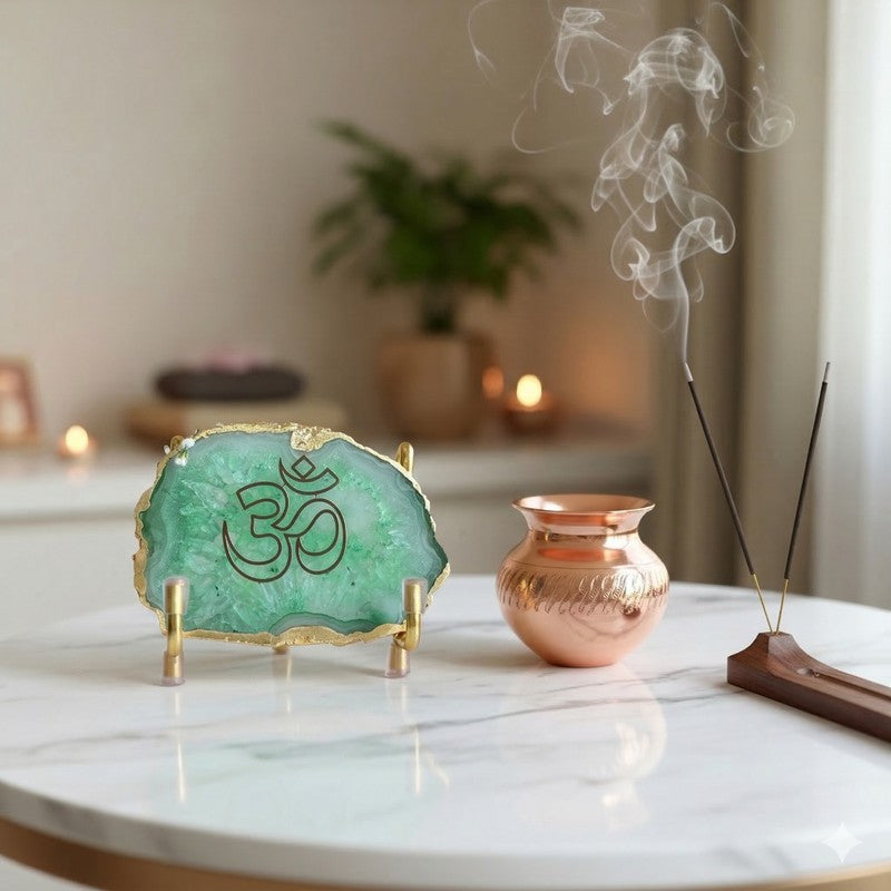 Om Handcrafted Agate Religious Accent - Green media 3