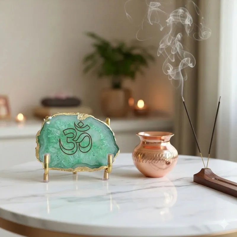 Om Handcrafted Agate Religious Accent - Green media 3