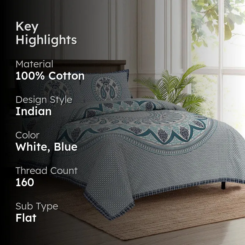 Trikaaya Ethnic Cotton Flat Bedsheet (White & Blue) - 160 TC media 2