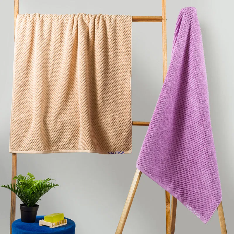 Nautica Riviera Soft Cotton Bath Towel (Beige & Lilac) - Set Of Two media 1