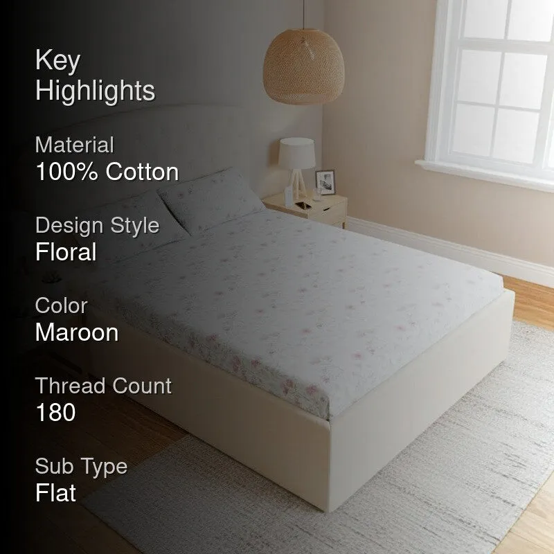 Harmony Floral Cotton Bedsheet (Maroon) - 180 TC media 2