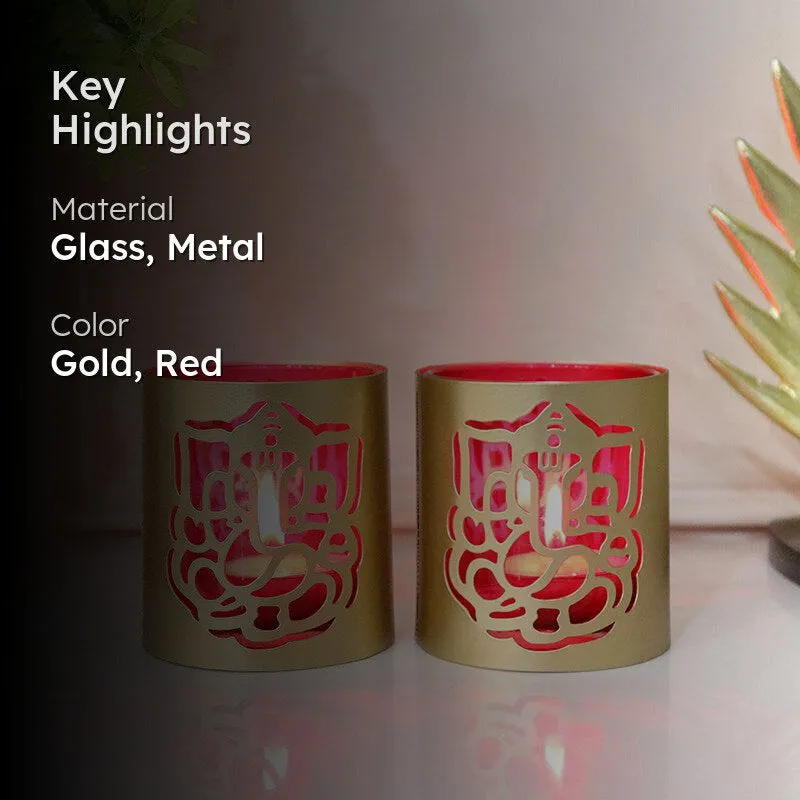 Ganesha Chaitanya Tealight Candle Holder (Gold & Red) - Set Of Two media 2