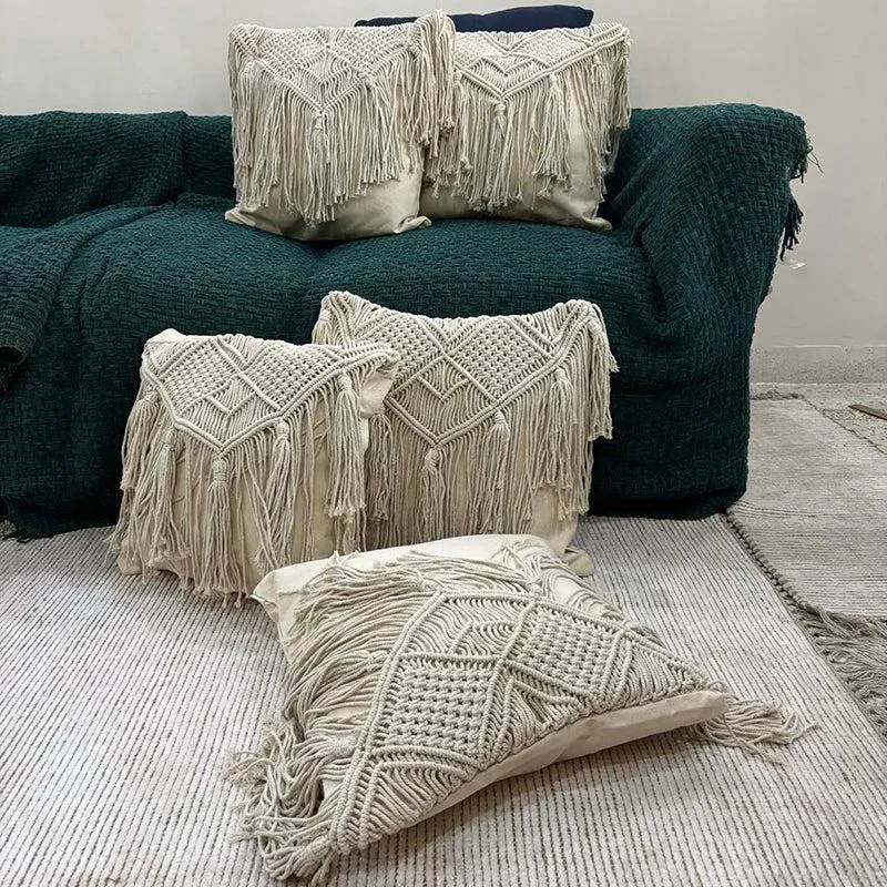 Earth & Twine Macrame Fringed Cotton Cushion Cover - Set Of Five media 1