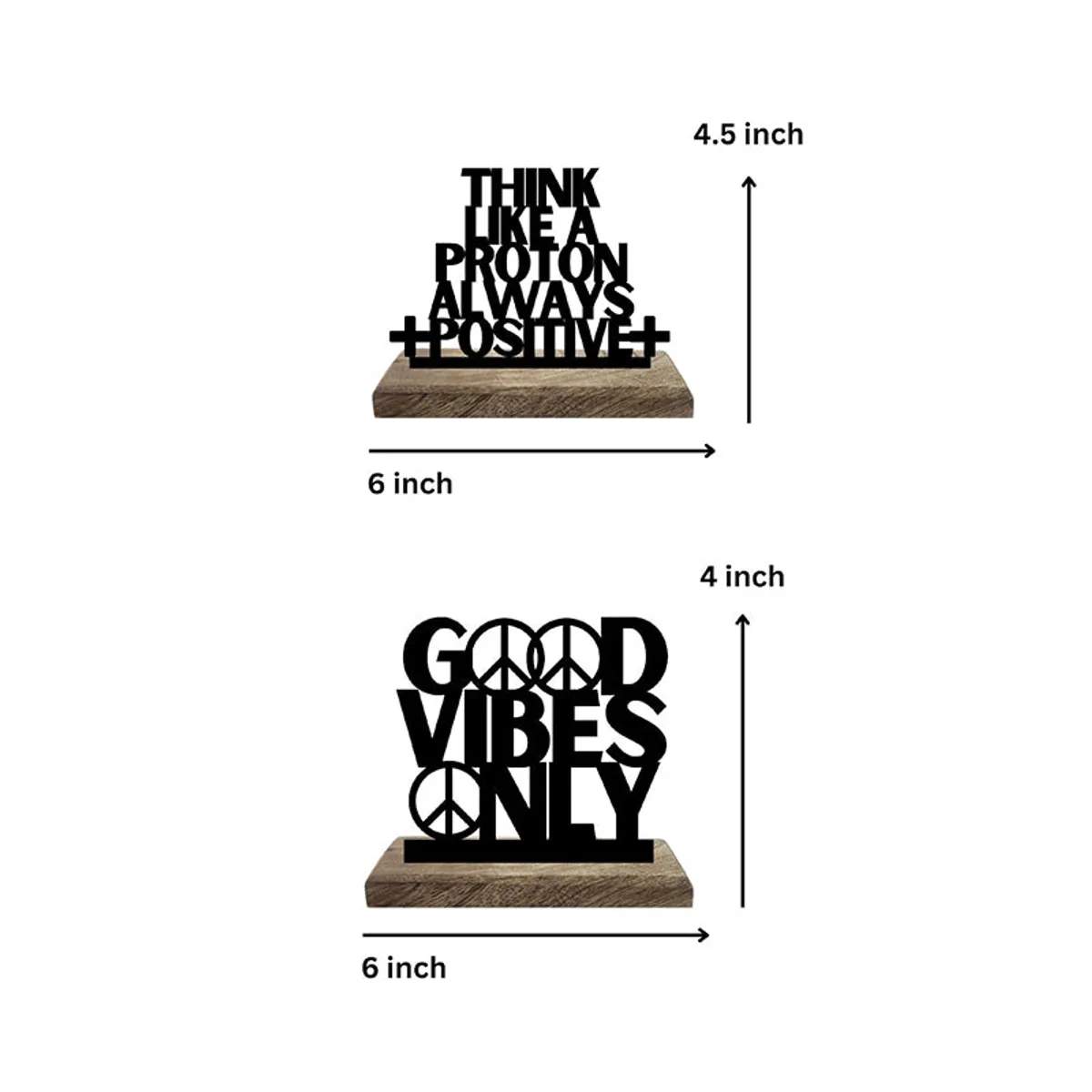 Two typography showpieces on wooden bases shown against a white background