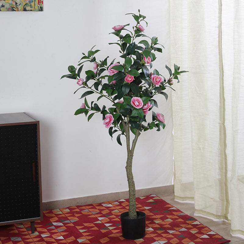 Faux Camellia Bloom Rose With Black Plastic Pot - Pink & Green media 3