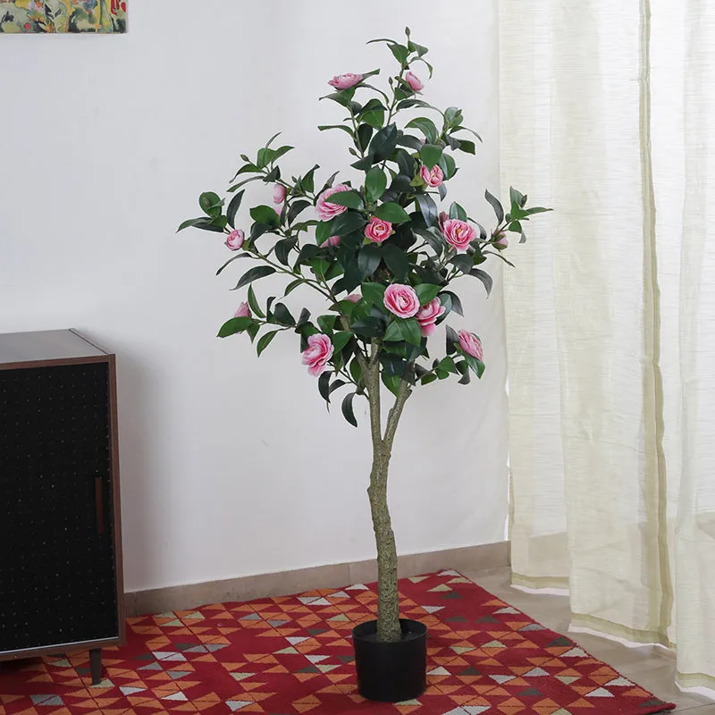 Faux Camellia Bloom Rose With Black Plastic Pot - Pink & Green media 3
