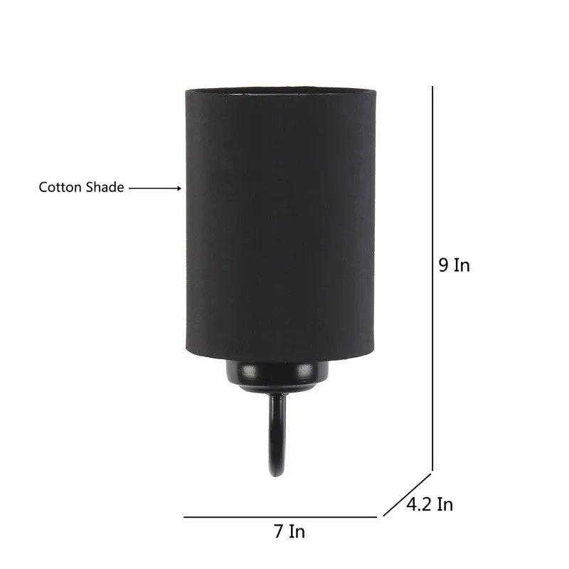 Black cylindrical wall lamp with labelled cotton shade and size diagram