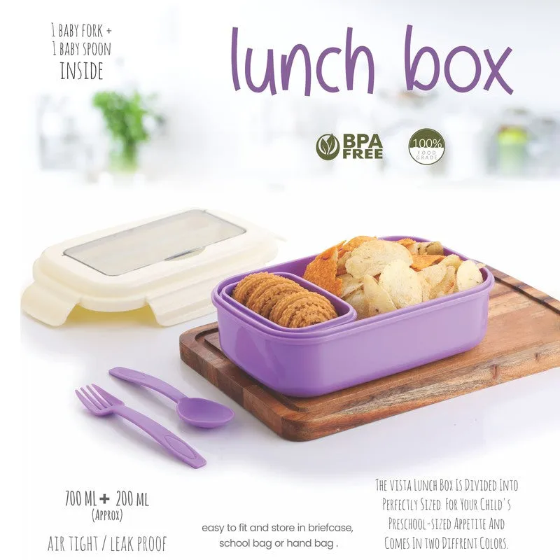 Open purple lunch box with two compartments, lid and two purple spoons displayed on a board.