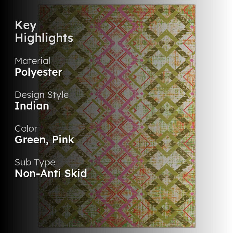 Thrain Geometric Polyester Anti-Skid Carpet - Green & Pink media 2