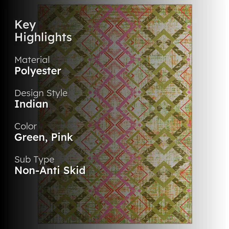Thrain Geometric Polyester Anti-Skid Carpet - Green & Pink media 2