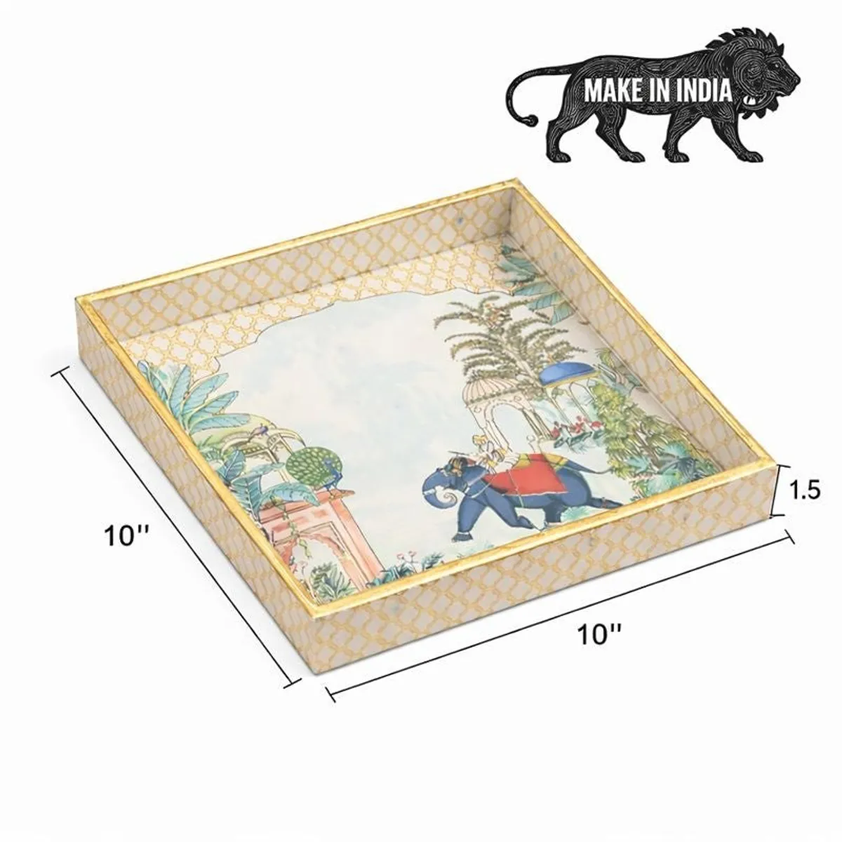 Detailed view of the tray with gold edging, foliage and Maharaja artwork