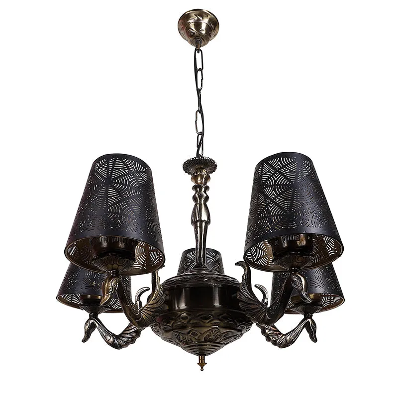 Close view of antique-finish chandelier with five etched black shades