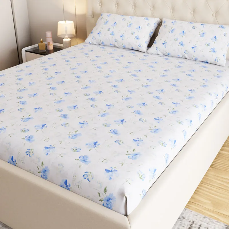 Leaflet Floral Cotton Bedsheet (Blue) - 180 TC media 1