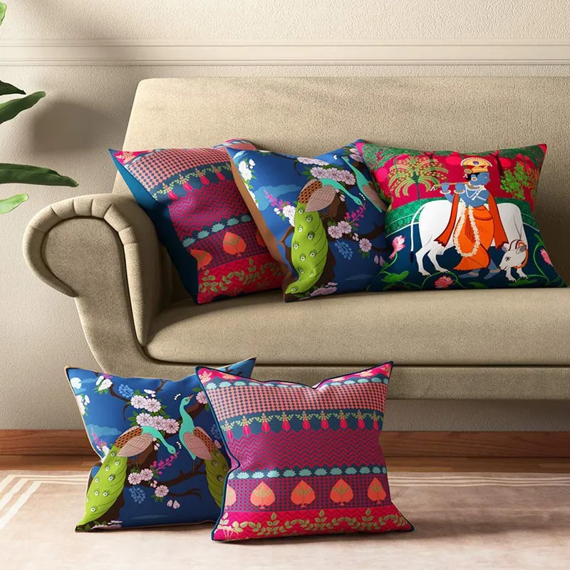 India Circus Vrindavana Games Printed Satin Cushion Cover - Set Of Five media 3