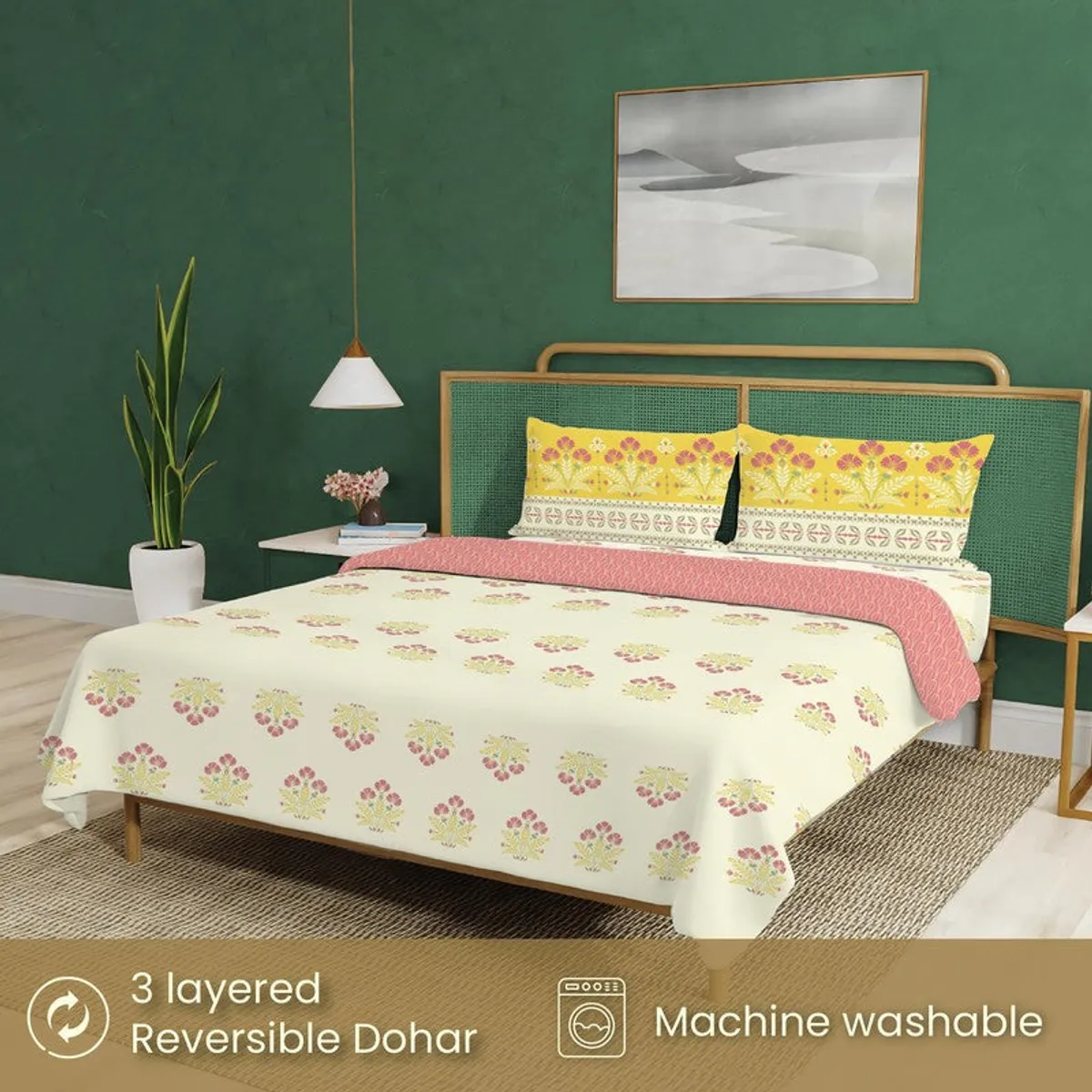 Styled bed with yellow floral bedding set and feature icons