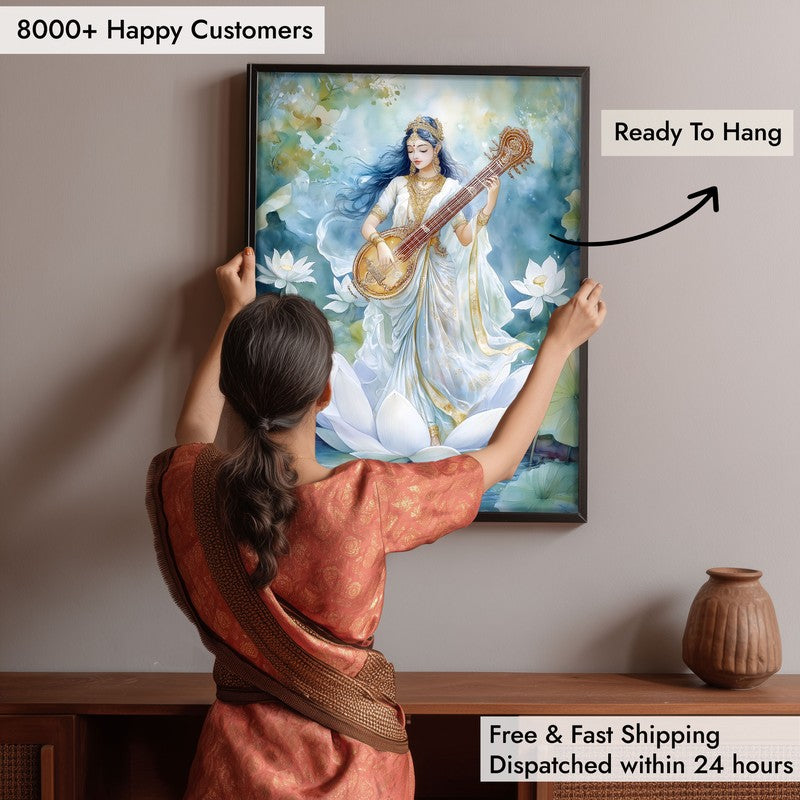 Veena Vaadhini Spiritual Archival Paper Wall Painting With Frame - Black media 6