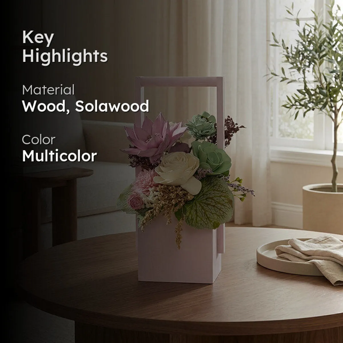 Artificial flower bouquet shown in a living-room setting with material and colour highlights.